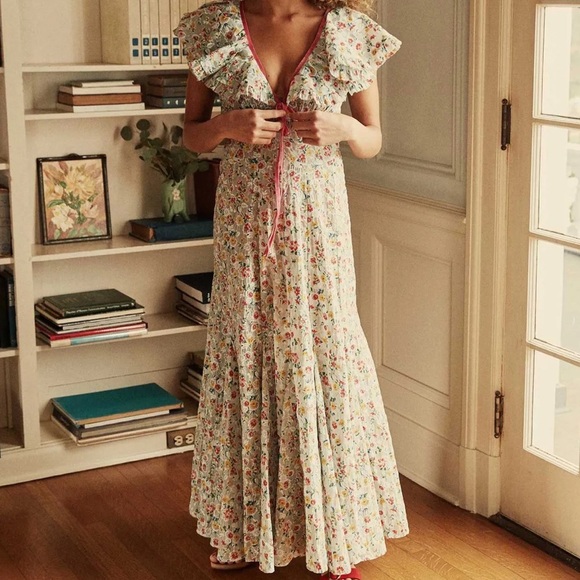 Doen Audette Cotton Ruffle Bow Ribbon Floral V Neck Maxi Dress Sunrise Blooms - Picture 9 of 16